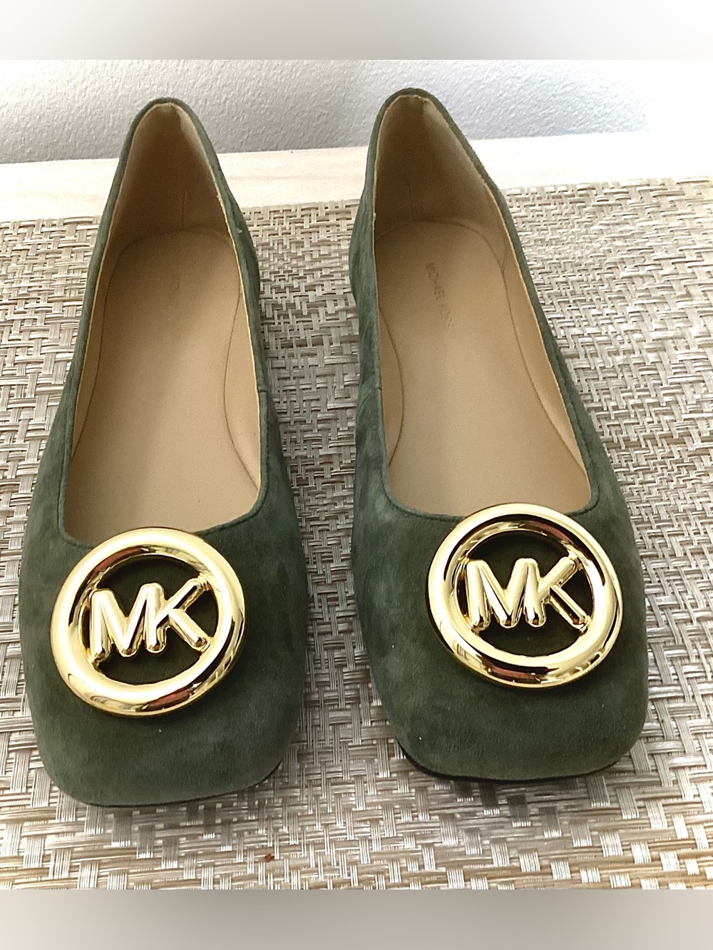 Michael Kors olive Green Suede MK Medallion Ballet Flats